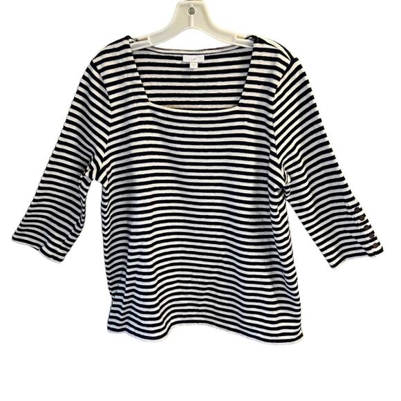 J. Jill Striped Square Neck Knit Top Navy White Size L Sleeve Buttons Nautical - Picture 2 of 11